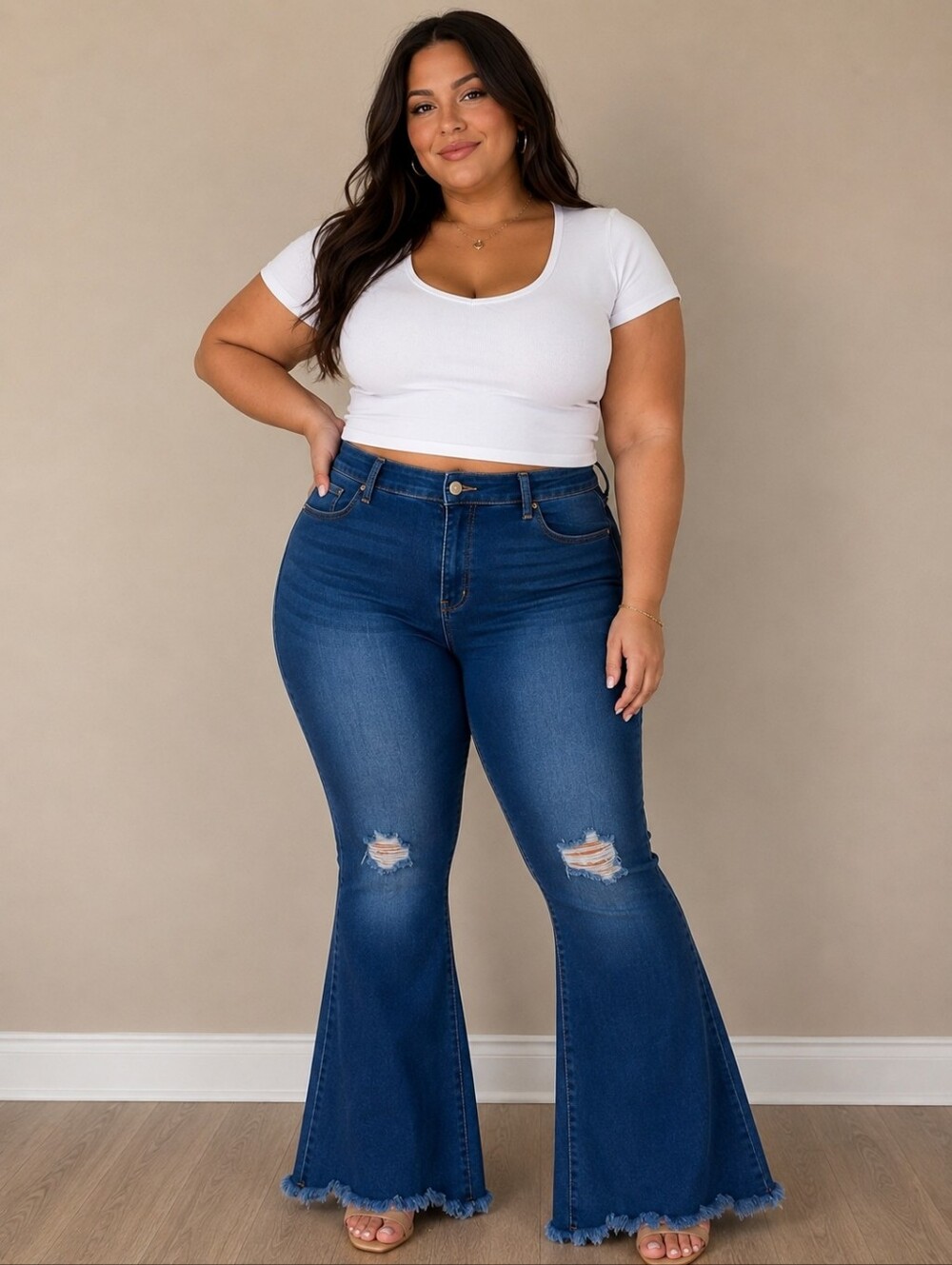 Blue Distressed Women Stretch Jeans Flare Bell Bottoms Size XXL
